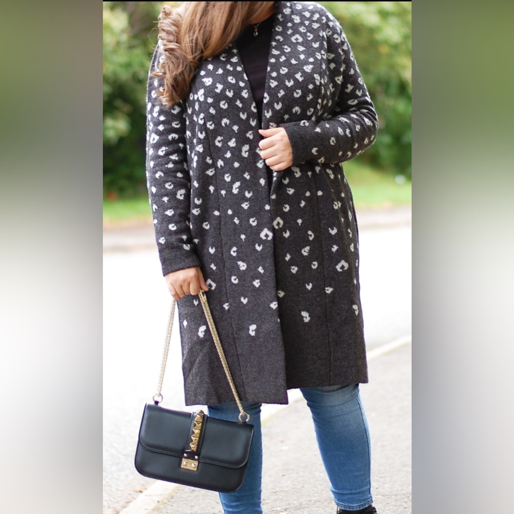 WoolOvers Leopard Print Pure New Wool Warm Cozy Open Front Cardigan Coatigan L